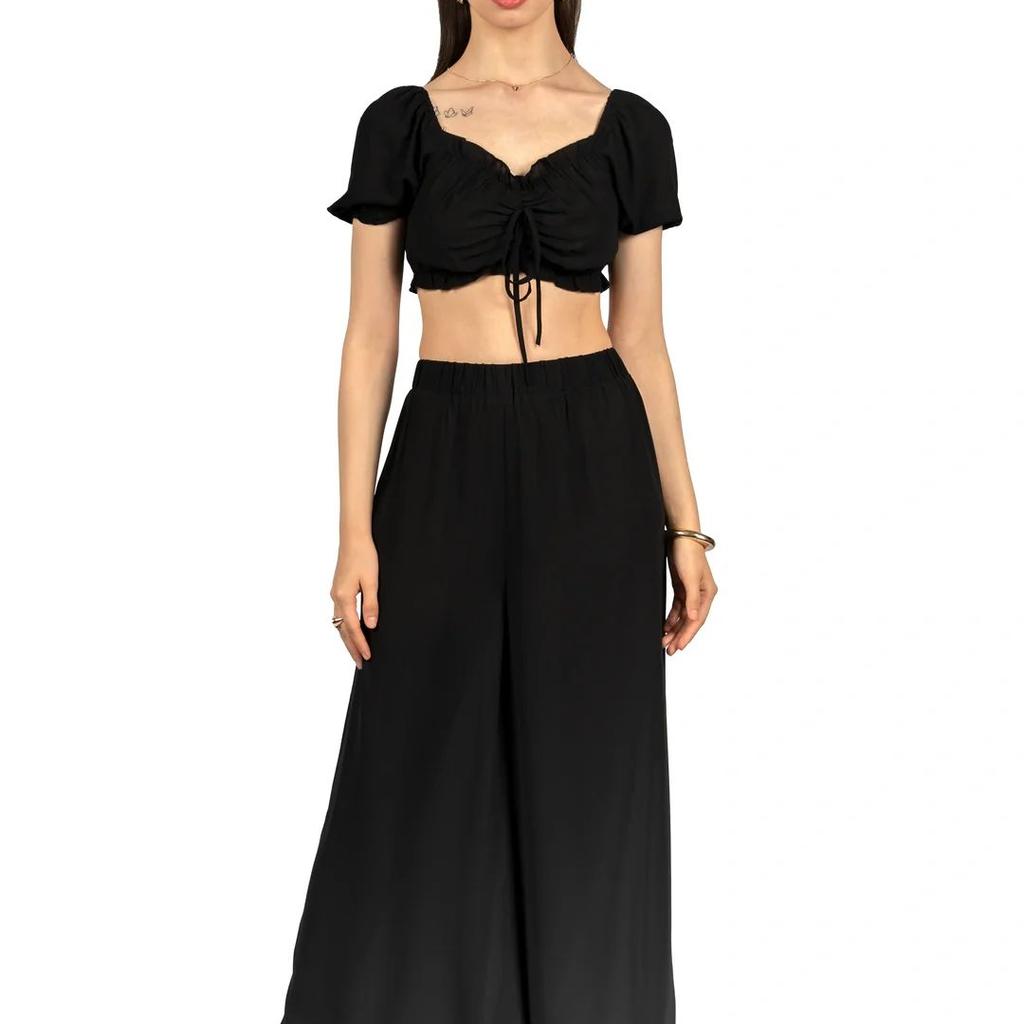 Black Solid Co-ord Set with Puff Sleeves