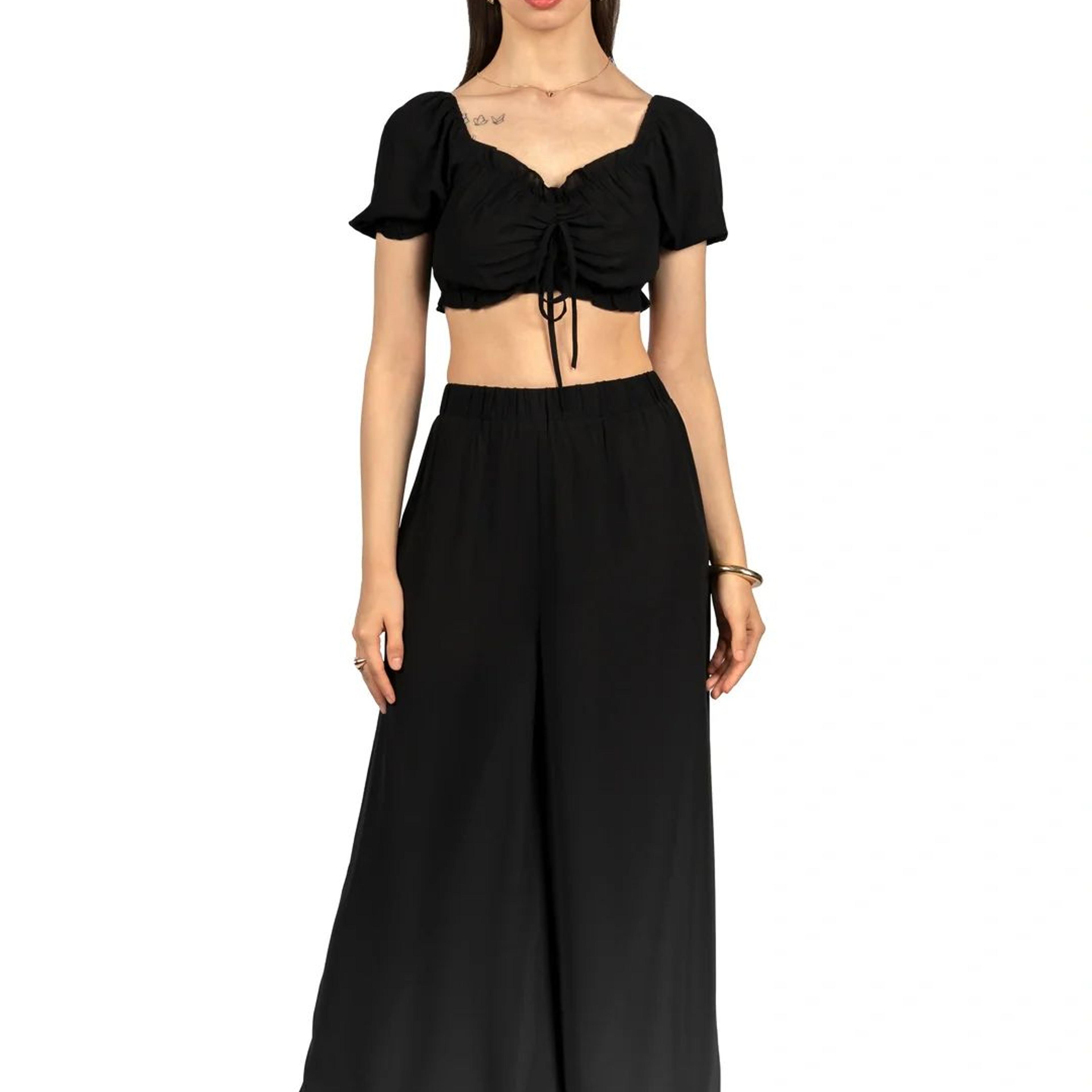 Black Solid Co-ord Set with Puff Sleeves