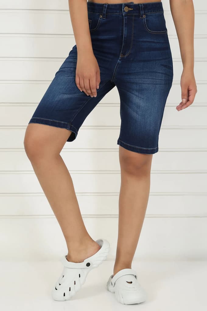 Blue Denim Lycra Mid Rise Mid Thigh Length Shorts with YKK Zipper — photo 2