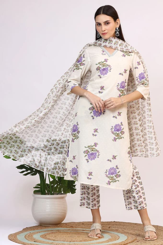 White Floral Printed Pure Cotton Straight Kurta and Pants Co-ord Set with Dupatta — photo 2