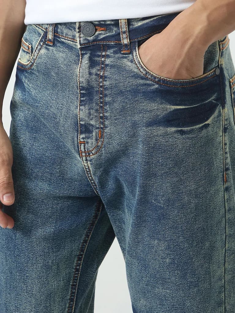 Men's Light Blue Straight Fit Heavy Washed Jeans Stretchable — photo 5