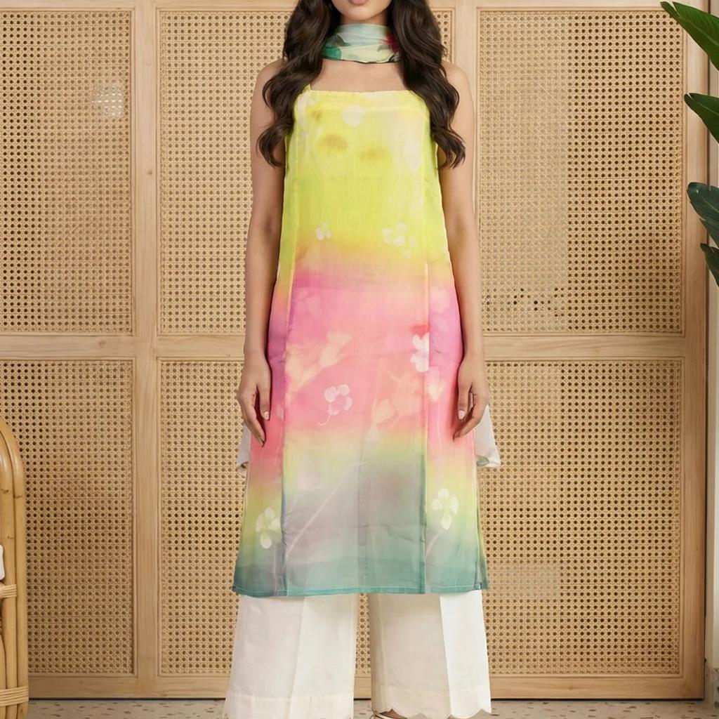 Multicolor Floral Printed Straight Kurta with Flared Pants and Dupatta Set