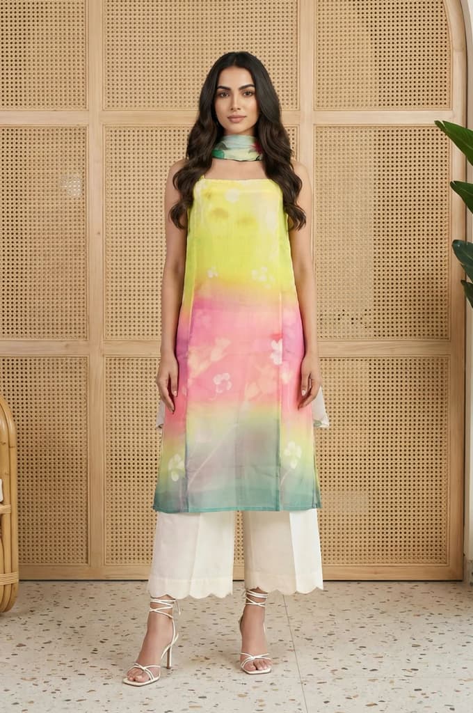 Multicolor Floral Printed Straight Kurta with Flared Pants and Dupatta Set — XS