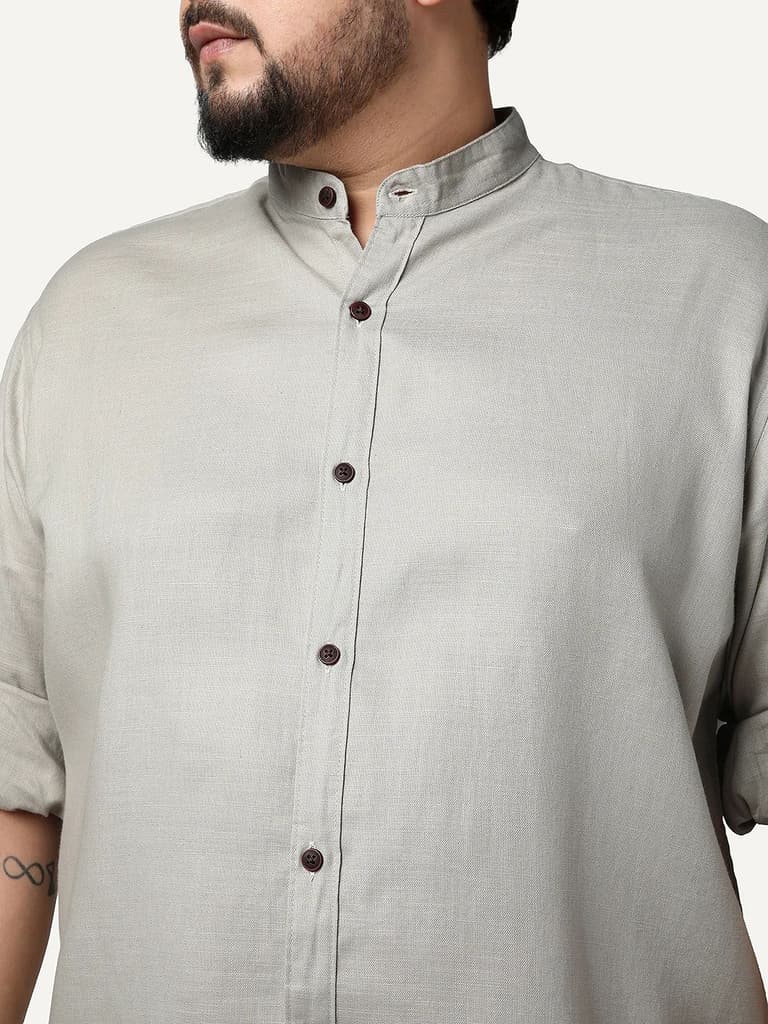 Plus Men's Grey Linen Blend Full Sleeve Relaxed Fit Mandarin Collar Casual Solid Shirt — photo 5