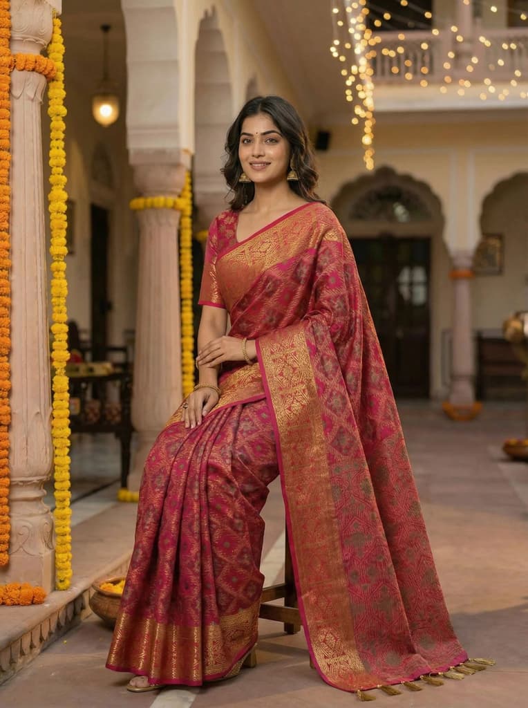 MIMOSA Women's Woven Design Patola Style Raw Silk Saree with Blouse Piece - Rani ( SA00003138RNFREE ) — photo 4