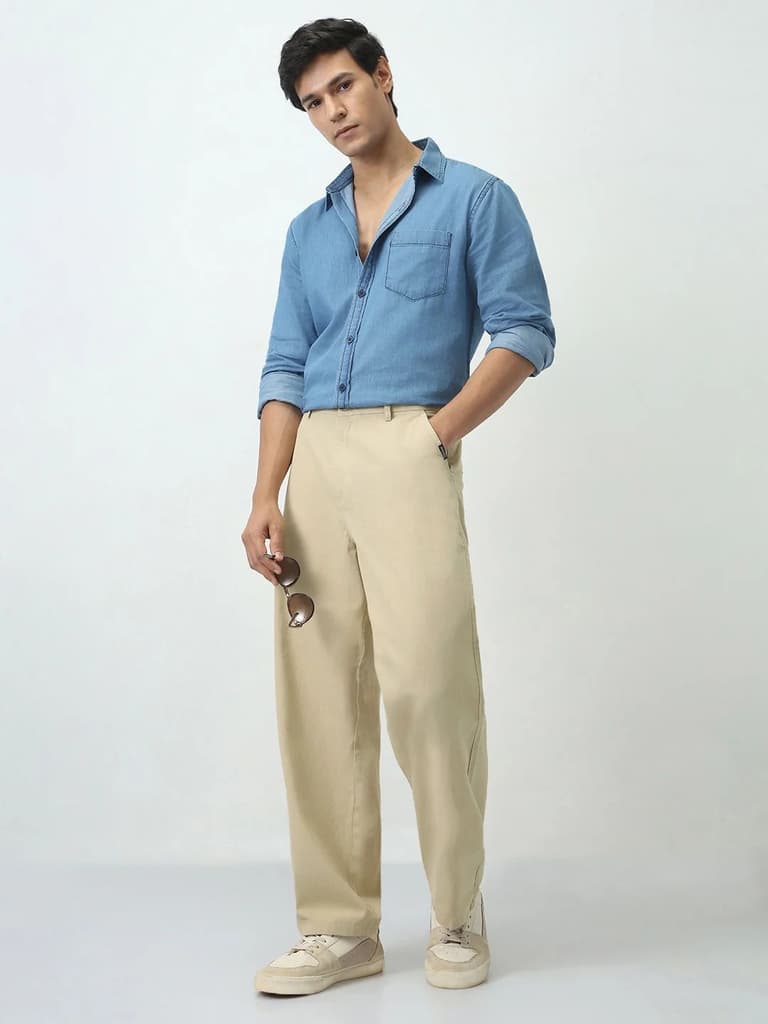 Men's Beige Loose Baggy Fit Solid Chino Trousers Non-Stretchable — photo 5