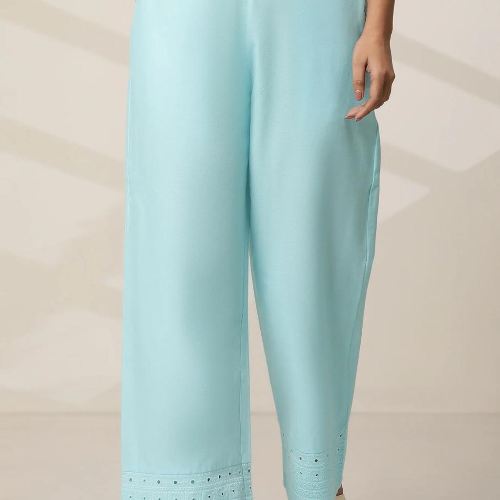 Sky Blue Embroidered Wide Leg Cotton Palazzo With Elasticated Waist