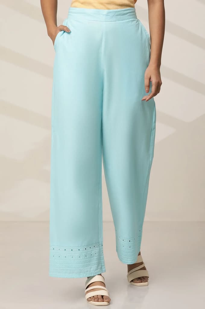 Sky Blue Embroidered Wide Leg Cotton Palazzo With Elasticated Waist