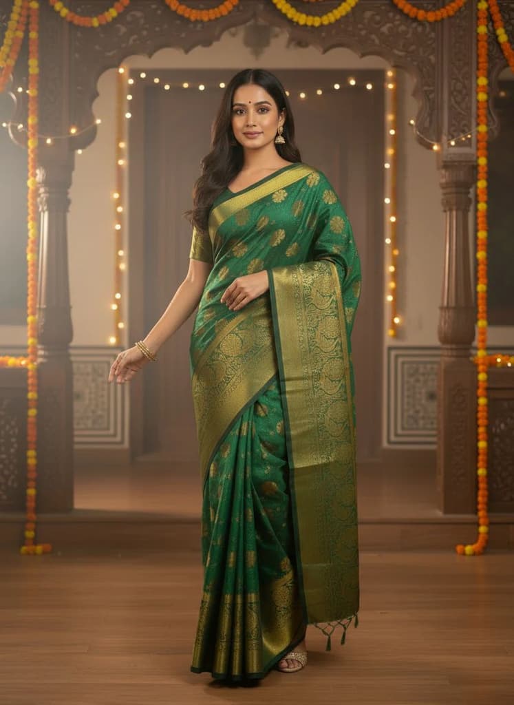 MIMOSA Women's Woven Design Kanjivaram Style Art Silk Saree with Blouse Piece - Green ( SA00003142GRNFREE ) — photo 2