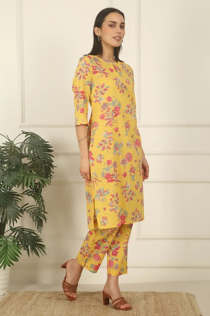 Yellow Floral Printed Swiss Dot Cotton Straight Kurta and Pants Co-ord Set — photo 7