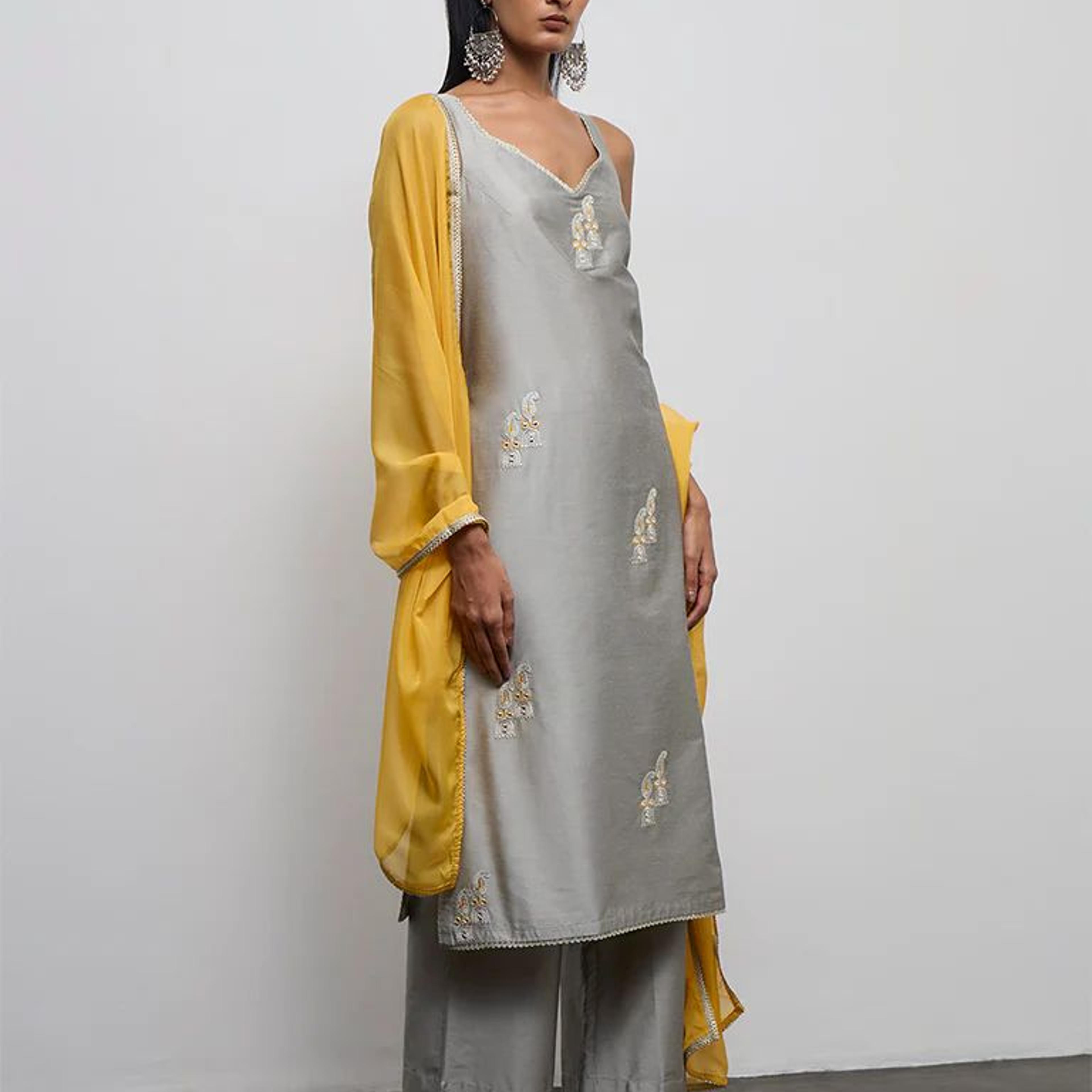 Vark Grey Embroidered A-Line Ethnic Set