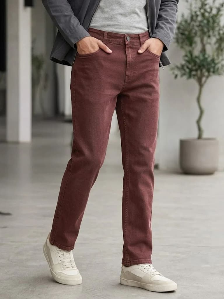 Men's Brown Straight Fit Washed Jeans Stretchable — 28 / Brown