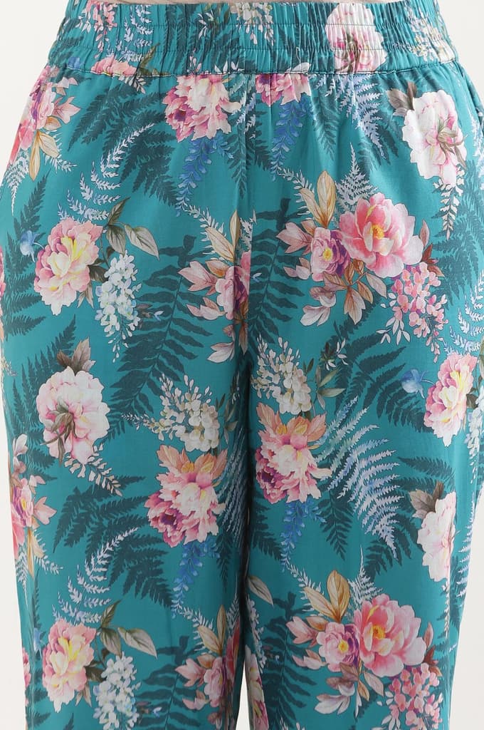 Green Floral Printed Straight Fit Cotton Palazzo With Elasticated Waist — photo 9