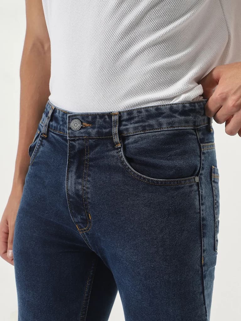 Men's Dark Blue Slim Fit Washed Denim Jeans Stretchable — photo 5