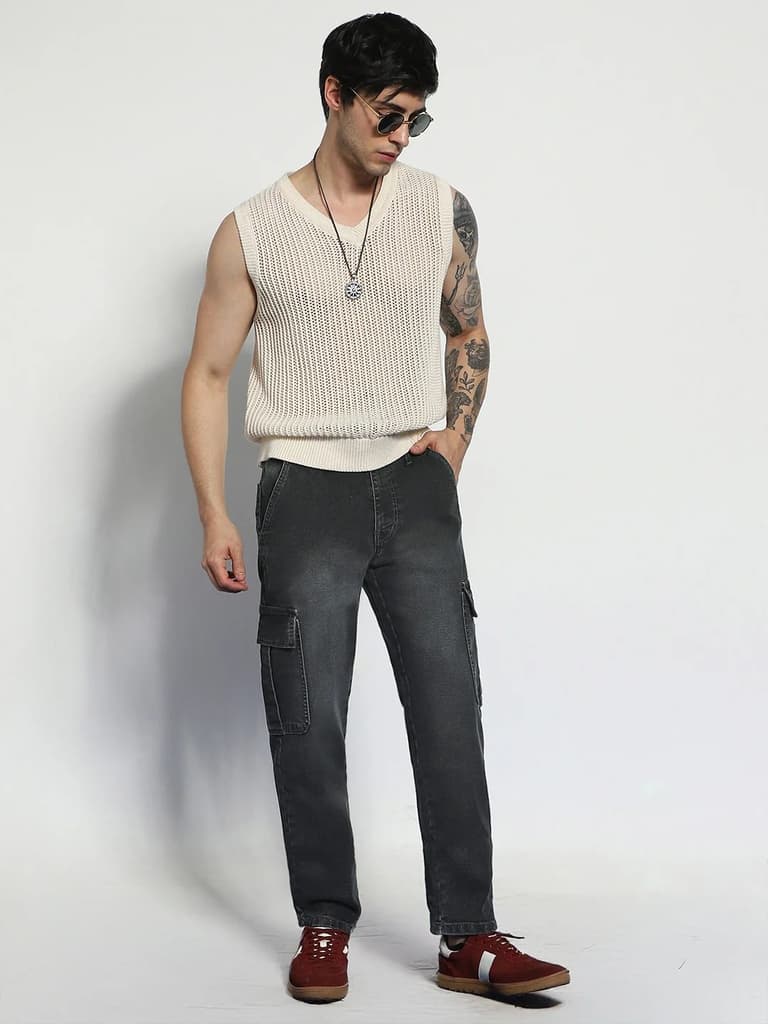 Men's Grey Regular Fit Washed Cargo Jeans With 6 Pockets Stretchable — photo 5
