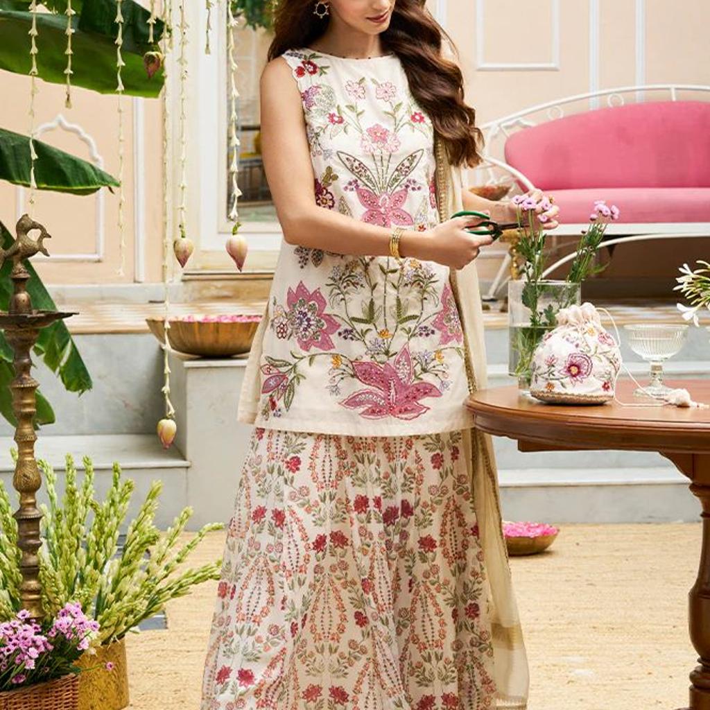 White Embroidered Straight Cotton Kurta with Flared Pant and Dupatta Set