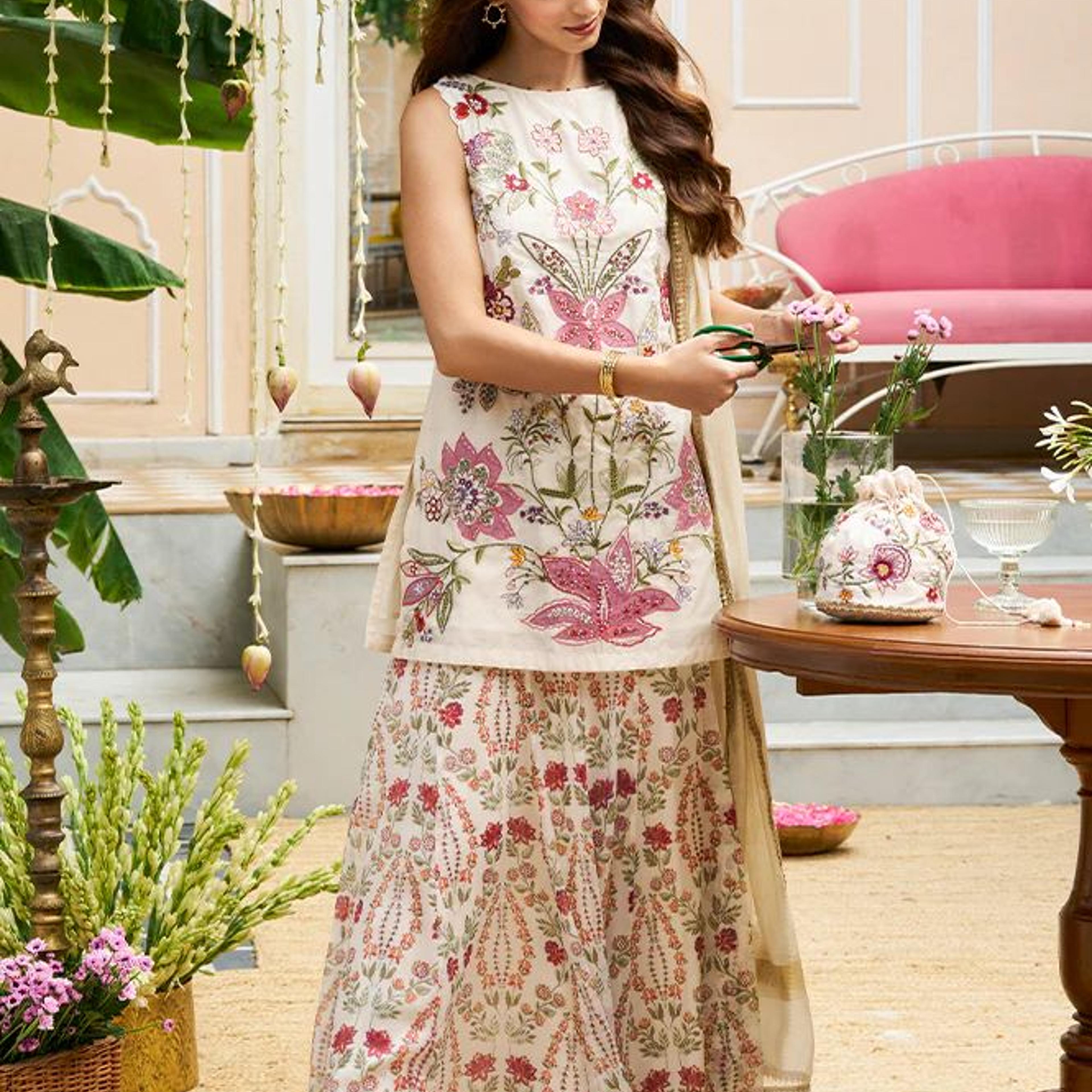 White Embroidered Straight Cotton Kurta with Flared Pant and Dupatta Set