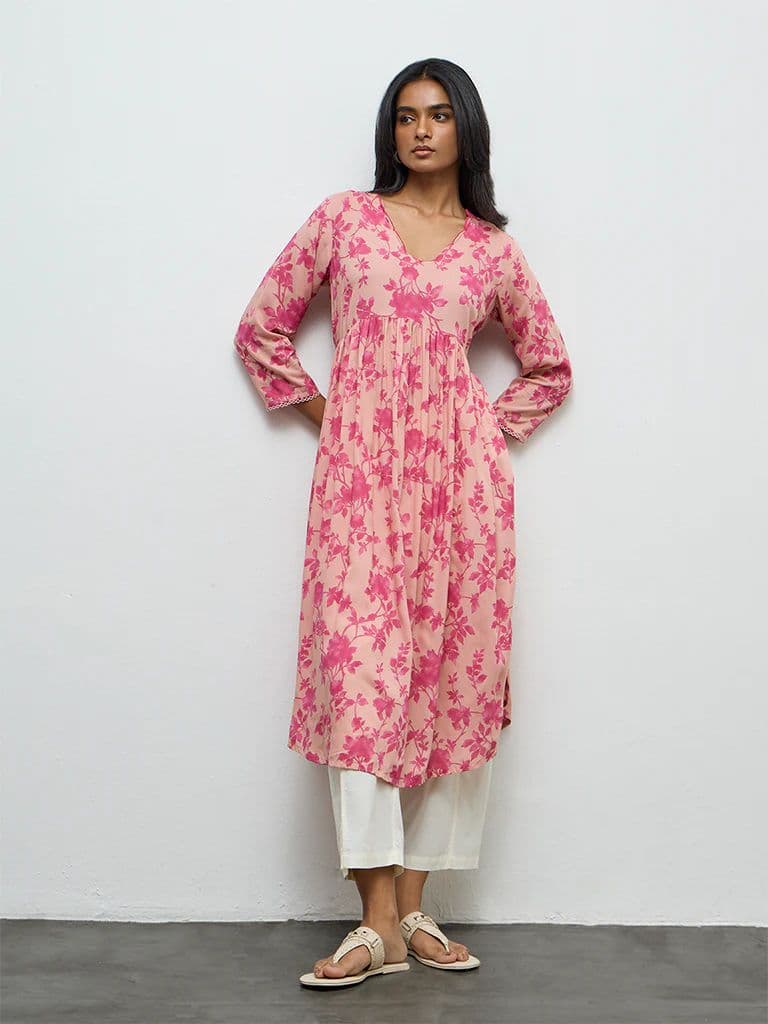 Utsa Pink Floral Printed A-Line Kurta — photo 2