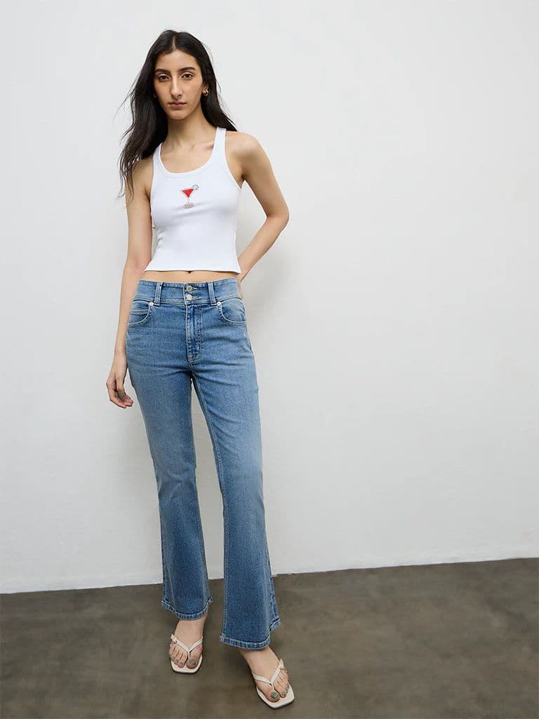 Nuon White Embellished Ribbed Cotton-Blend Top — photo 2