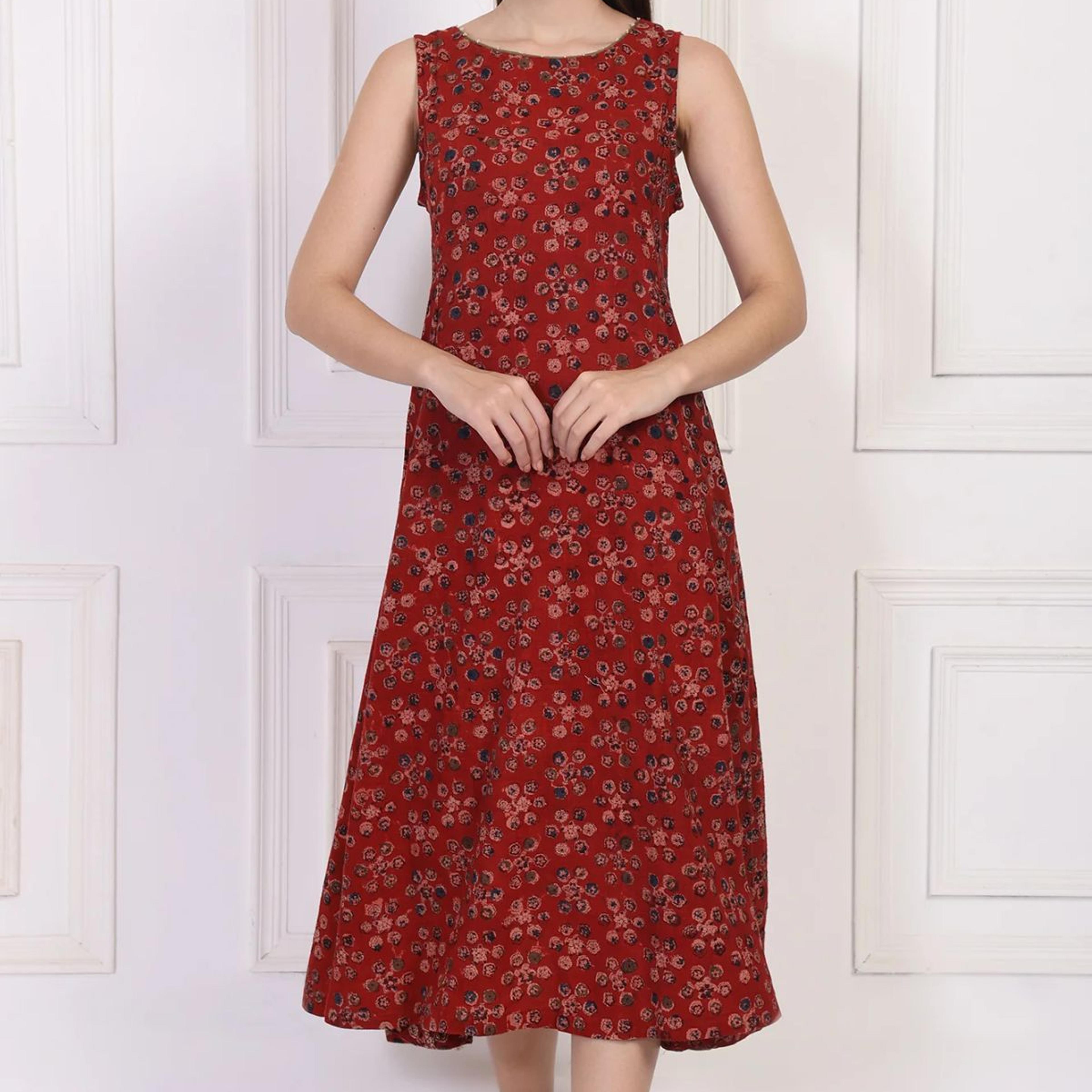 Maroon Floral Printed Cotton A-Line Dress