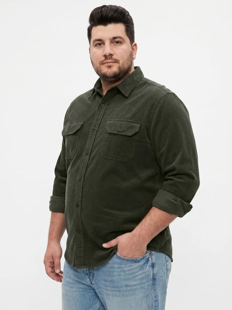 Plus Men's Dark Olive Corduroy Full Sleeve Regular Fit Solid Overshirt with Utility Pockets — photo 2