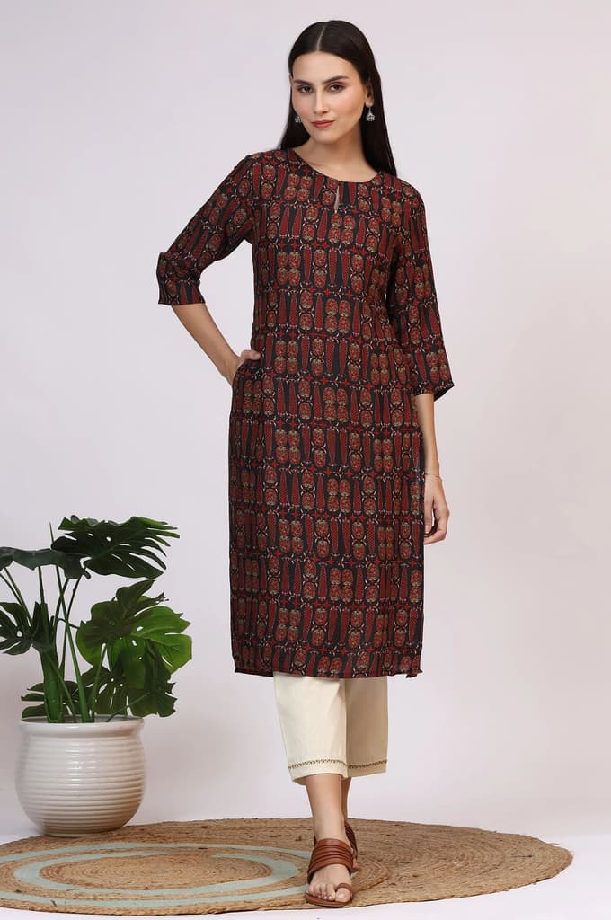 Dark Brown Paisley Printed Modal Straight Kurta — photo 3