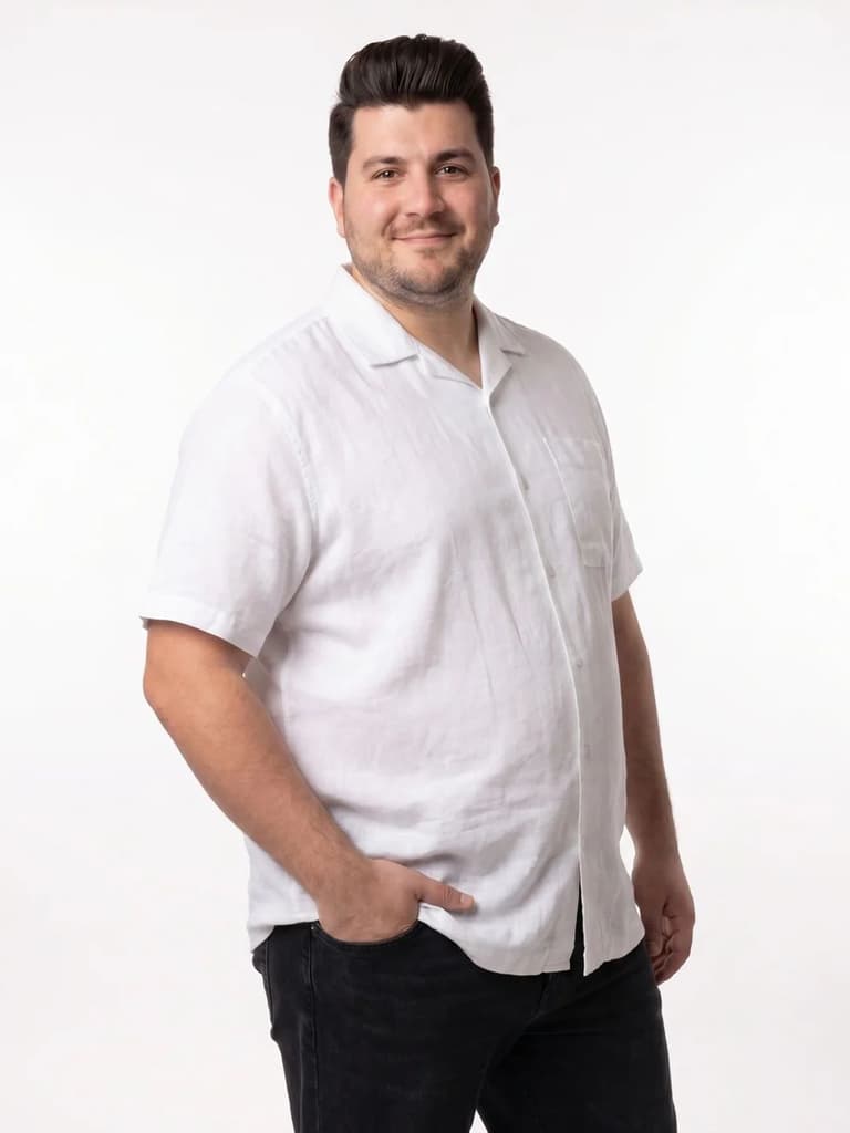Plus Men's White Linen Half Sleeve Oversized Fit Shirt with Cuban Collar — photo 2