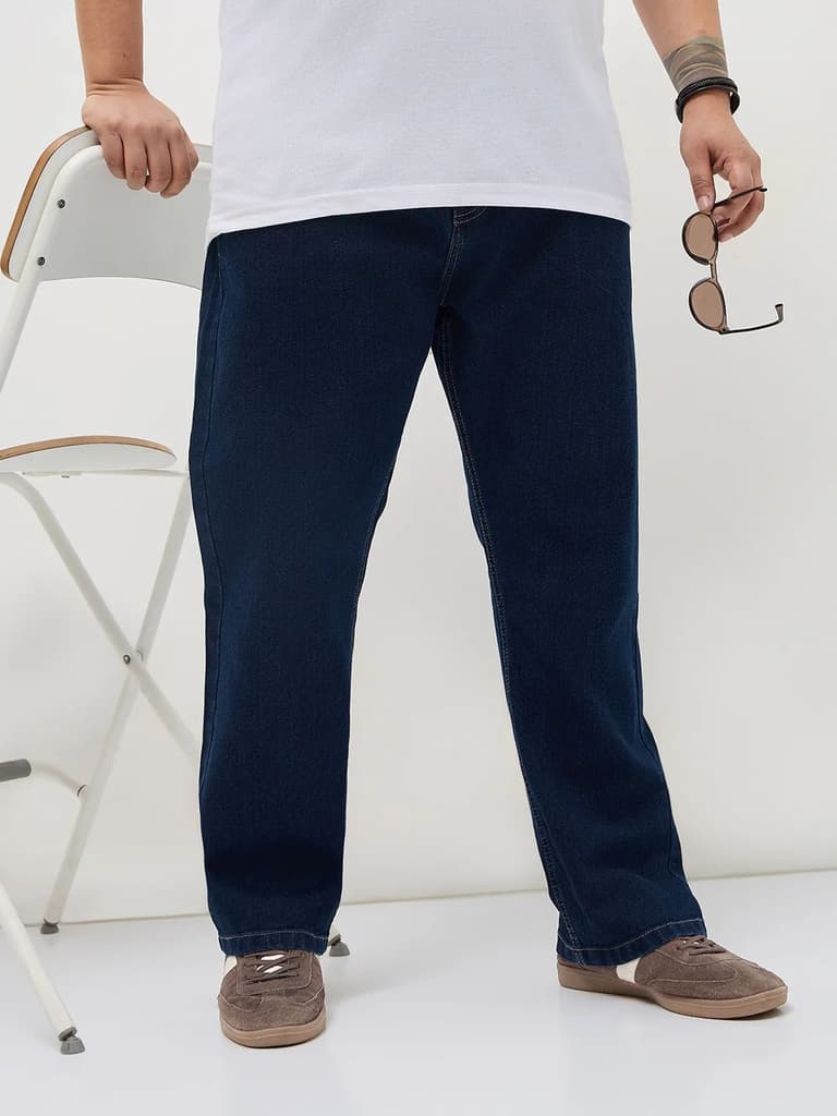 Plus Men's Blue Straight Fit Raw Washed Denim Jeans Stretchable — photo 2