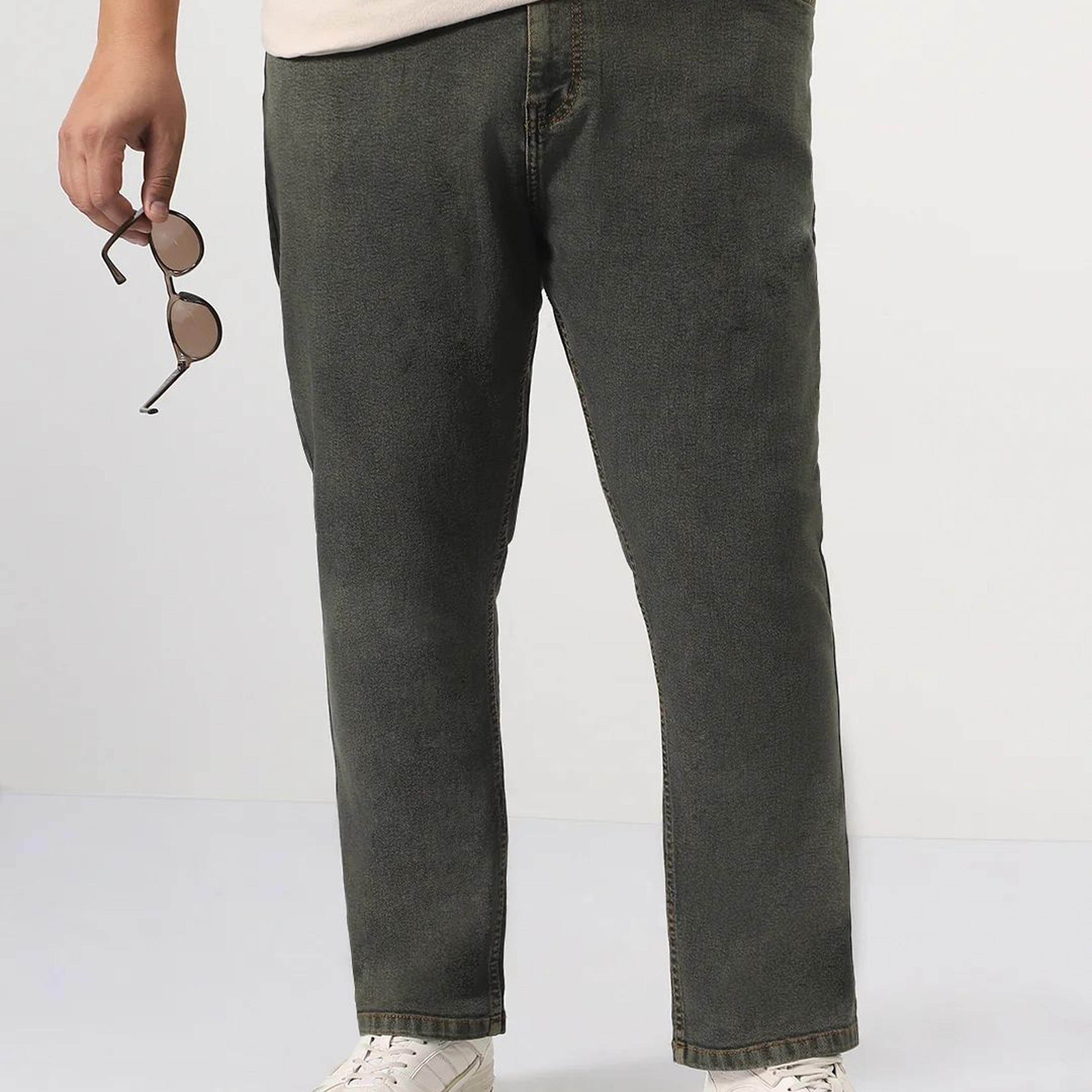Plus Men's Grey Straight Fit Heavy Washed Jeans Stretchable