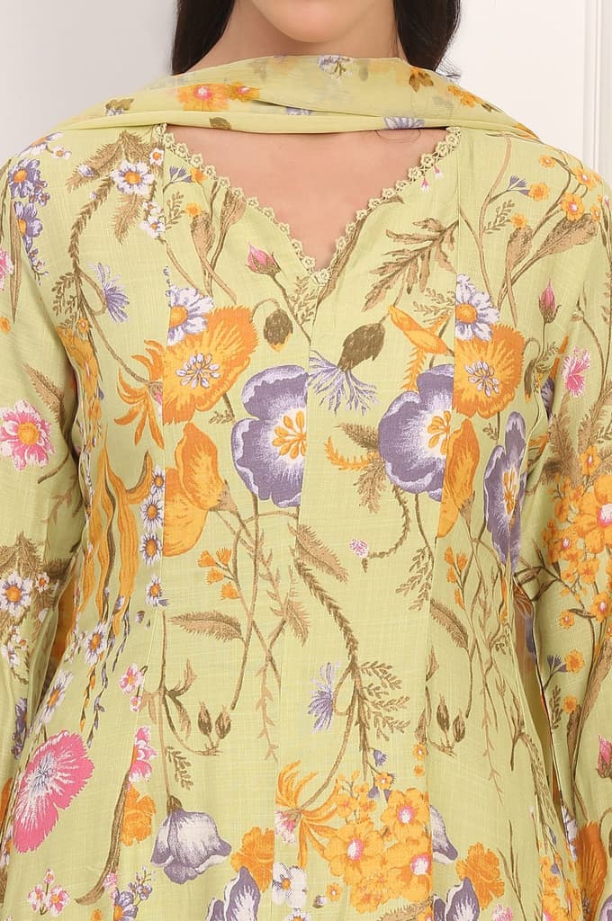 Light Green Floral Printed Rayon Anarkali Kurta, Pant and Dupatta Set — photo 4