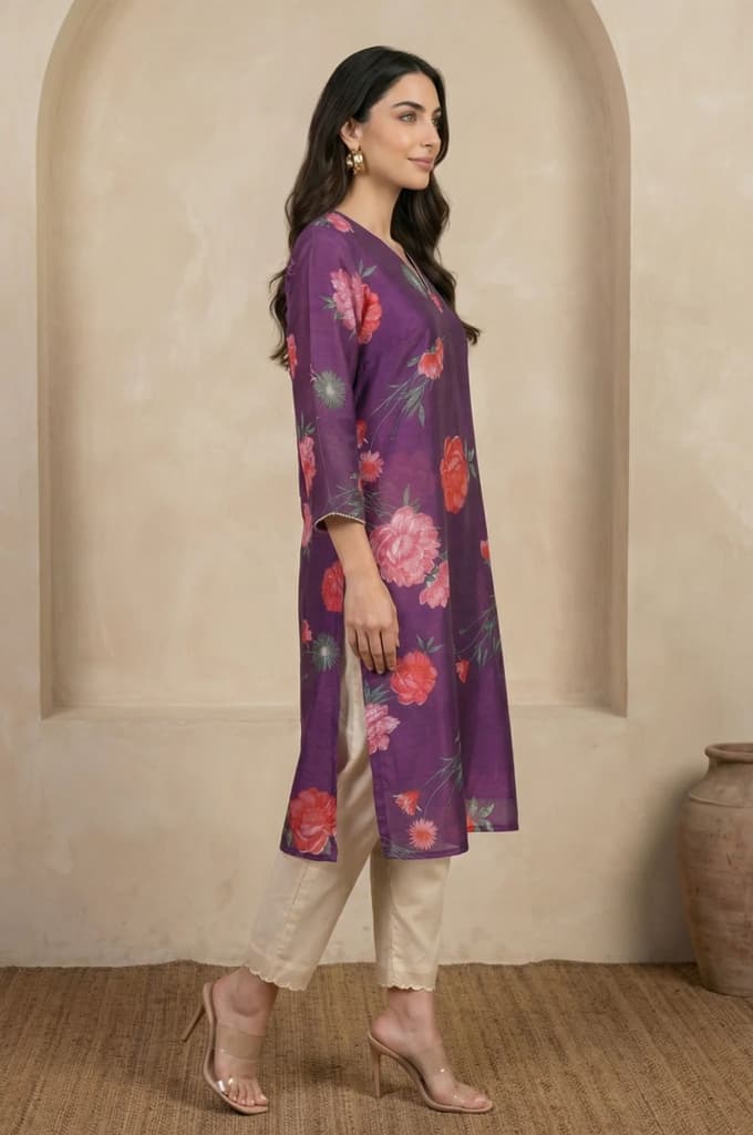Purple Floral Printed Chanderi Straight Kurta — photo 6