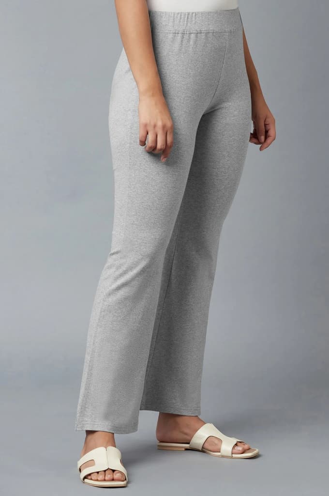 Grey Solid Flared Cotton Pants With Slip On Closure — photo 8