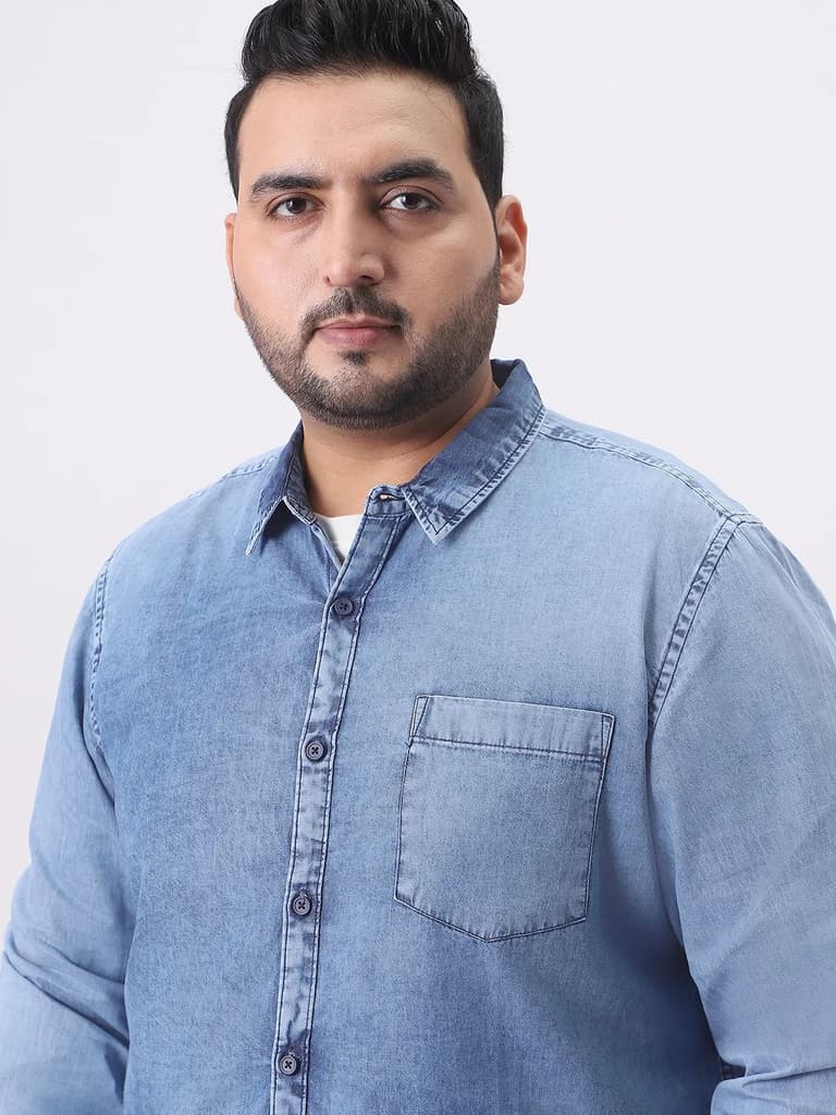 Plus Men's Ice Blue Regular Fit Full Sleeve Washed Denim Shirt — photo 6