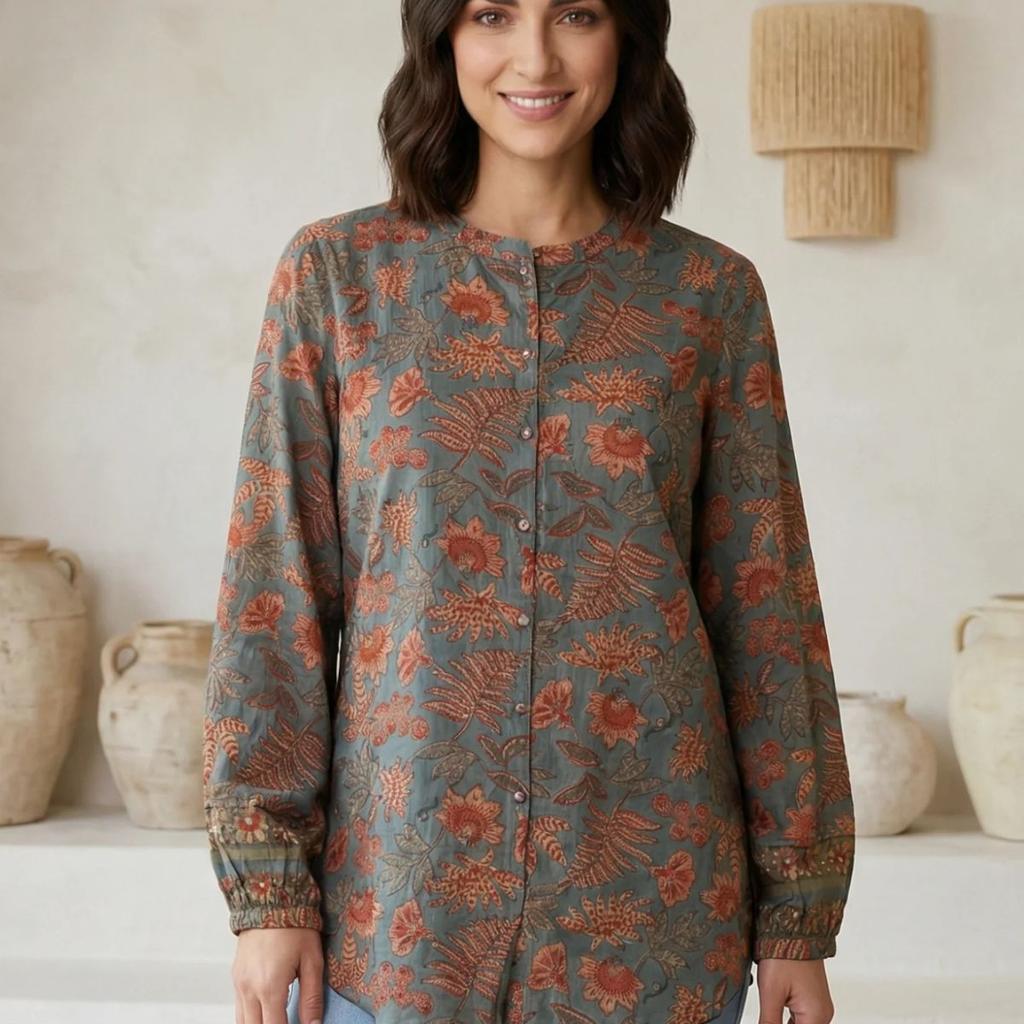 Blue Floral Printed Pure Cotton Straight Top
