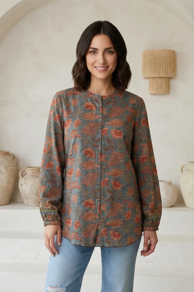 Blue Floral Printed Pure Cotton Straight Top