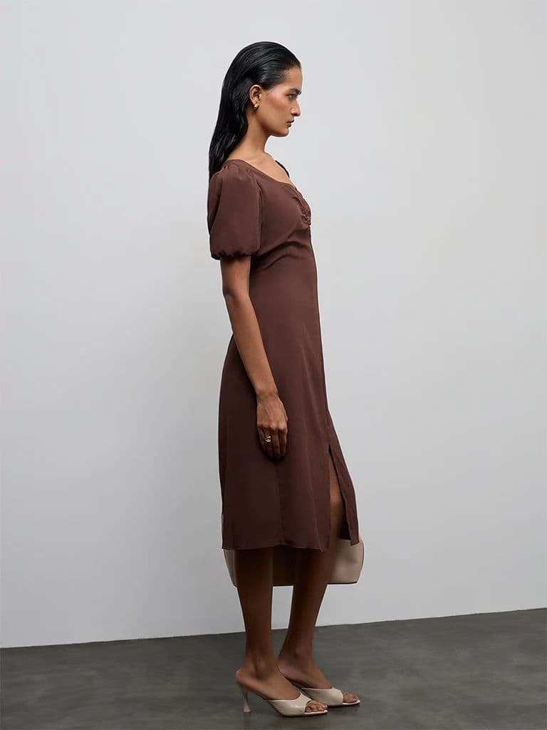 Wardrobe Dark Brown Ruched A-Line Dress — photo 2