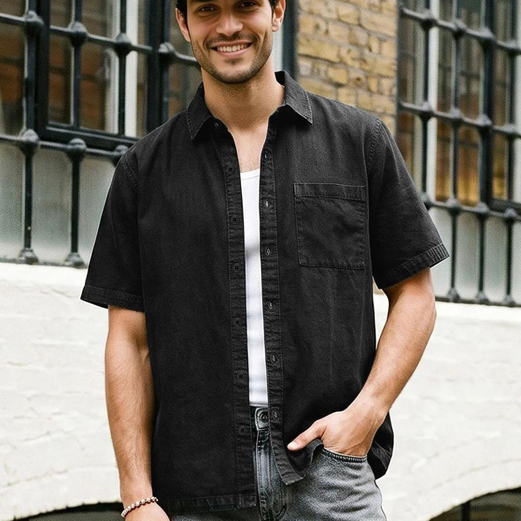 Men's Black Oversized Fit Half Sleeve Solid Casual Denim Shirt