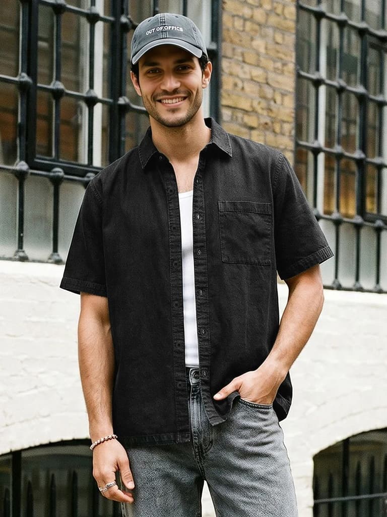 Men's Black Oversized Fit Half Sleeve Solid Casual Denim Shirt
