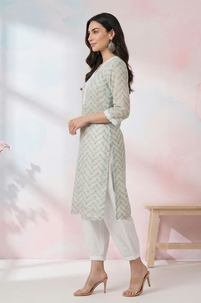 Mint Green Chevron Printed Kota Straight Kurta — photo 4