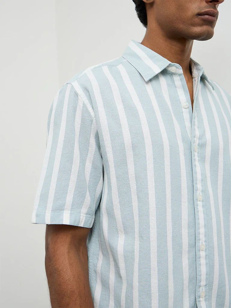 WES Casuals Light Teal Striped Relaxed-Fit Cotton Shirt — photo 4