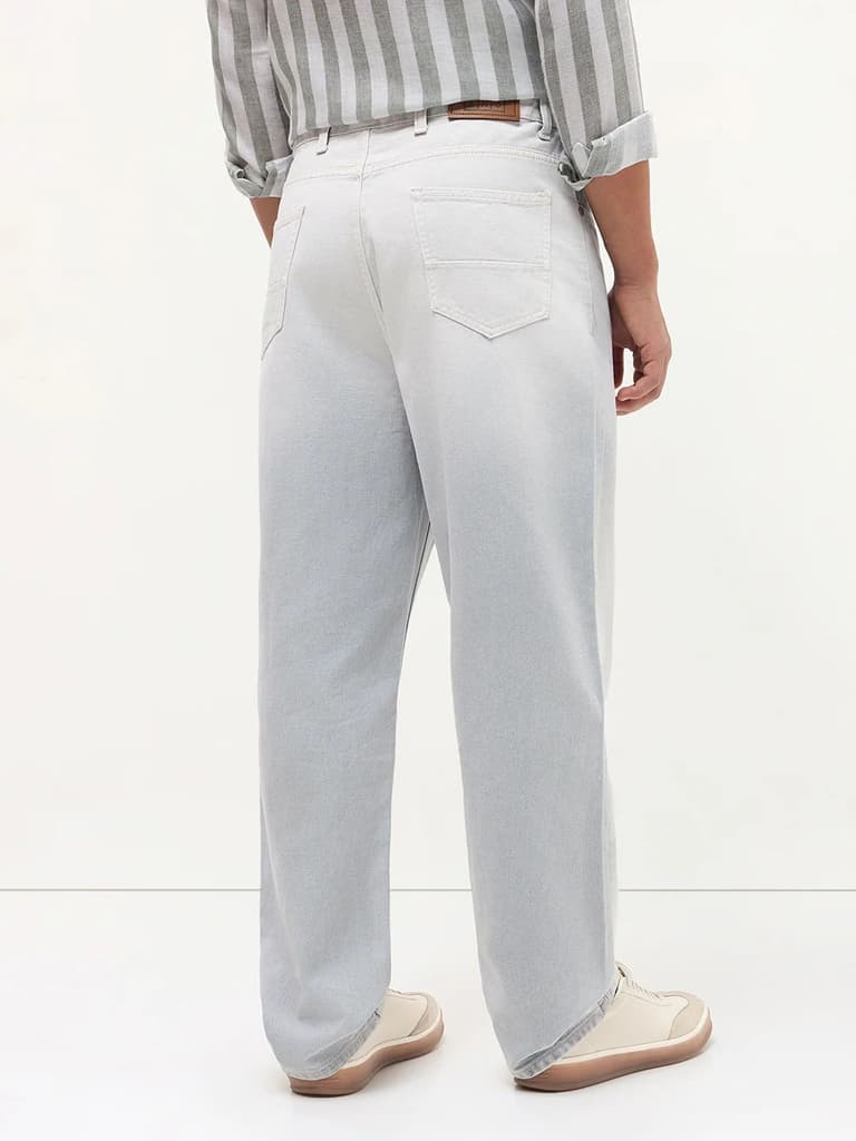 Men's Ice Grey Loose Baggy Fit Heavy Washed Faded Denim Jeans Non-Stretchable — photo 3