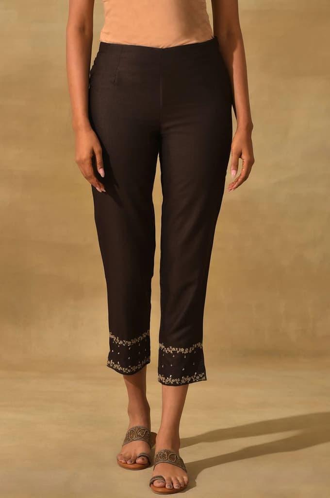 Brown Embroidered Viscose Silk Tussar Slim Pants — photo 2