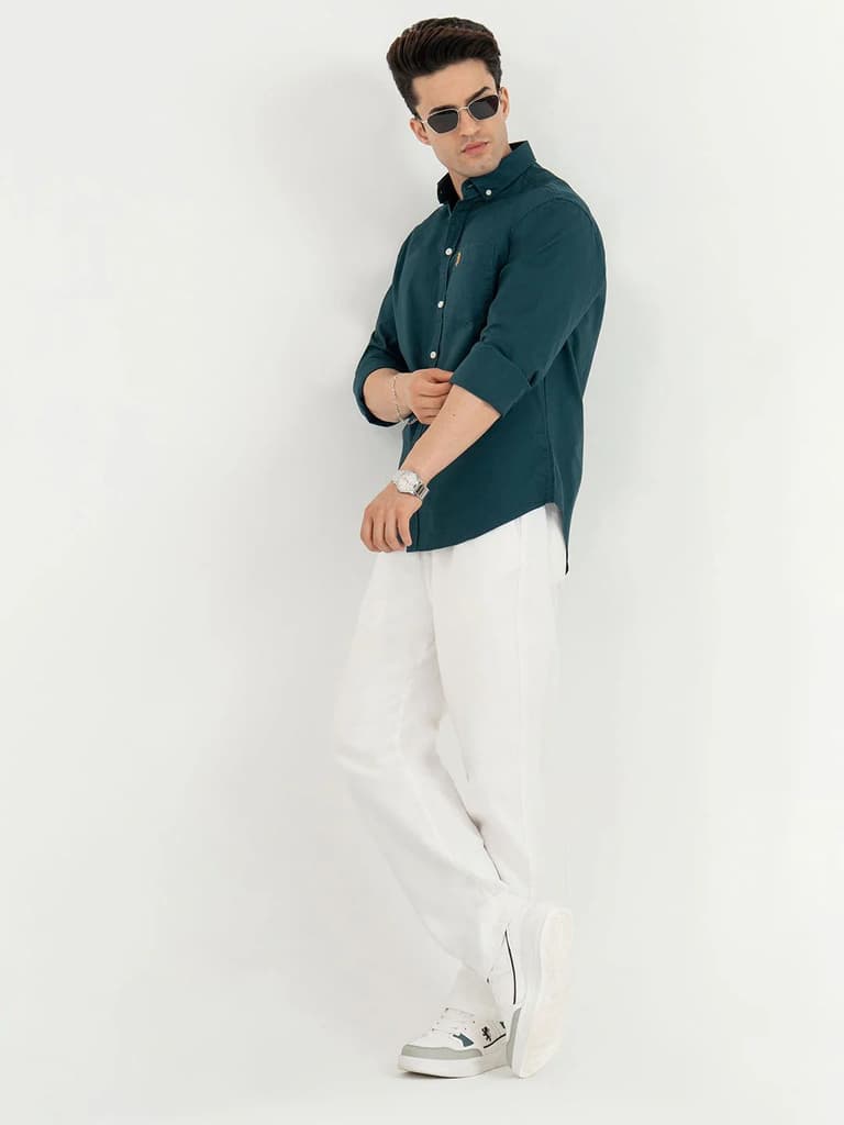 Shirts for Men in Teal | Solid Oxford Full Sleeve Casual Shirt — photo 5