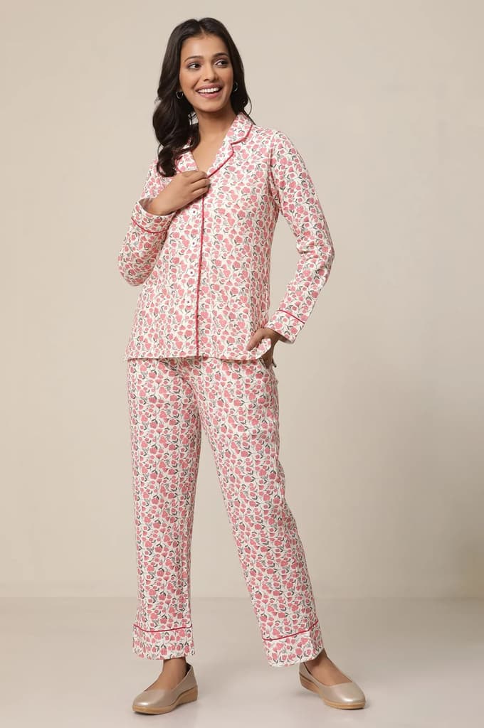 White and Pink Floral Printed Top and Palazzo lounge Wear Set — photo 2