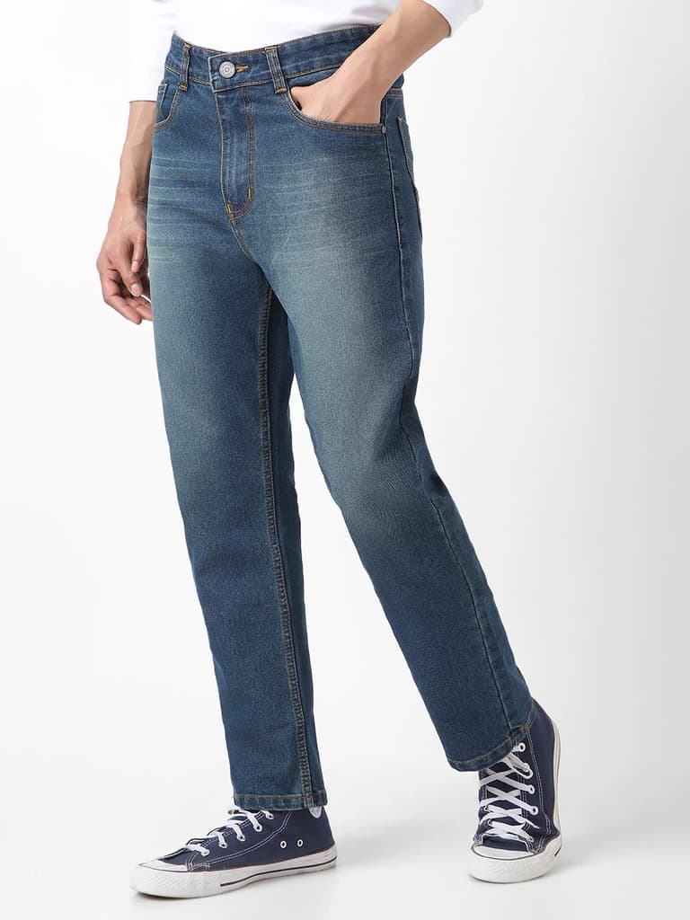 Men's Blue Straight Fit Washed Jeans Stretchable — photo 2