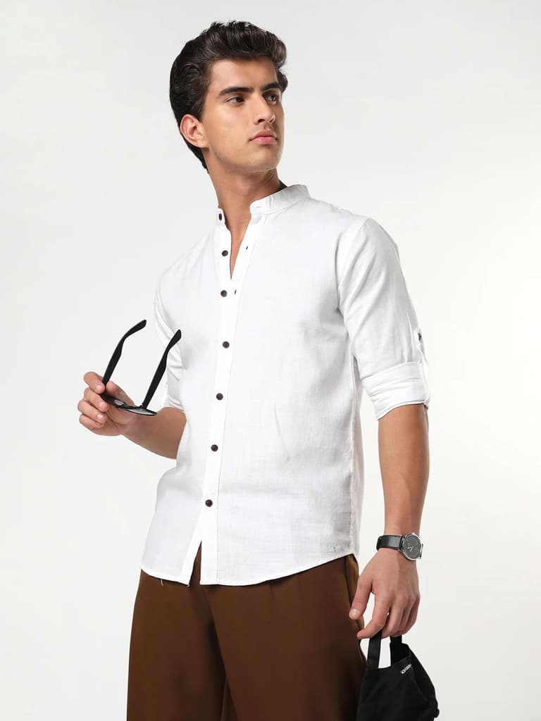 Men's White Linen Blend Full Sleeve Relaxed Fit Mandarin Collar Casual Solid Shirt — S / White