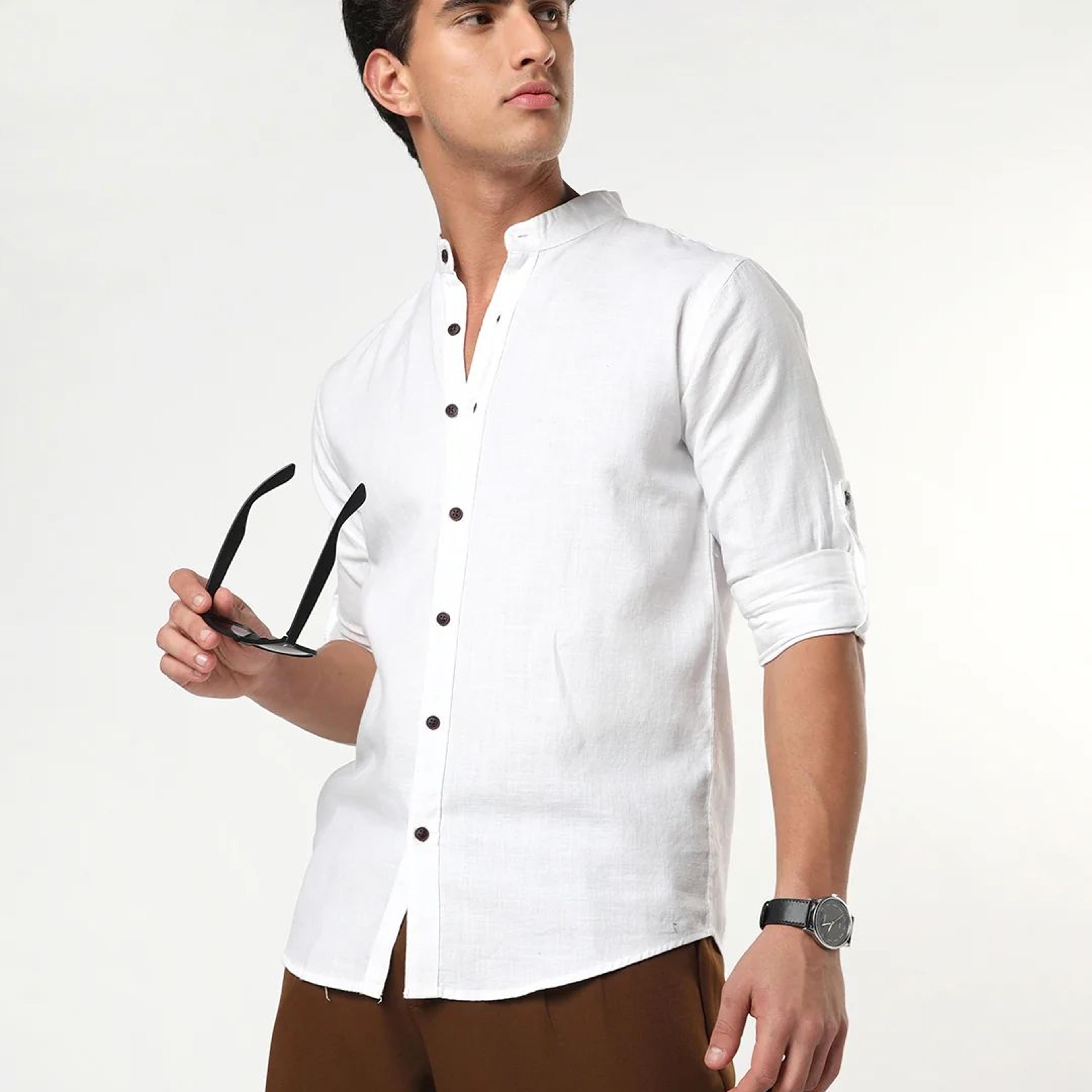 Men's White Linen Blend Full Sleeve Relaxed Fit Mandarin Collar Casual Solid Shirt