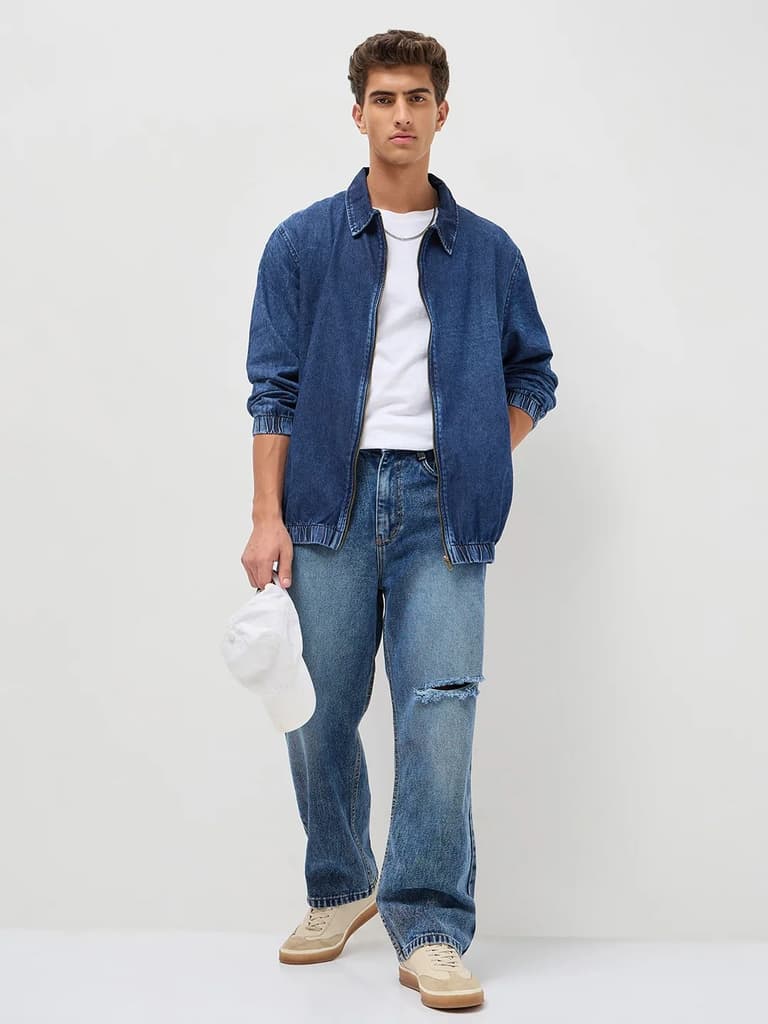 Men's Blue Relaxed Fit Full Sleeve Harrington Denim Jacket — photo 5