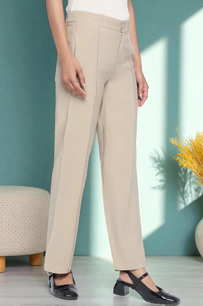 Beige Solid Korea Rayon Twill Pants In Ankle Length with YKK Zipper — photo 3