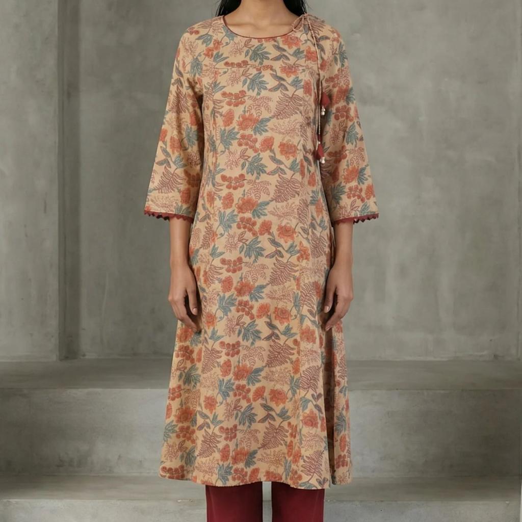 Beige Block Printed Tassel Pure Cotton A-line Kurta